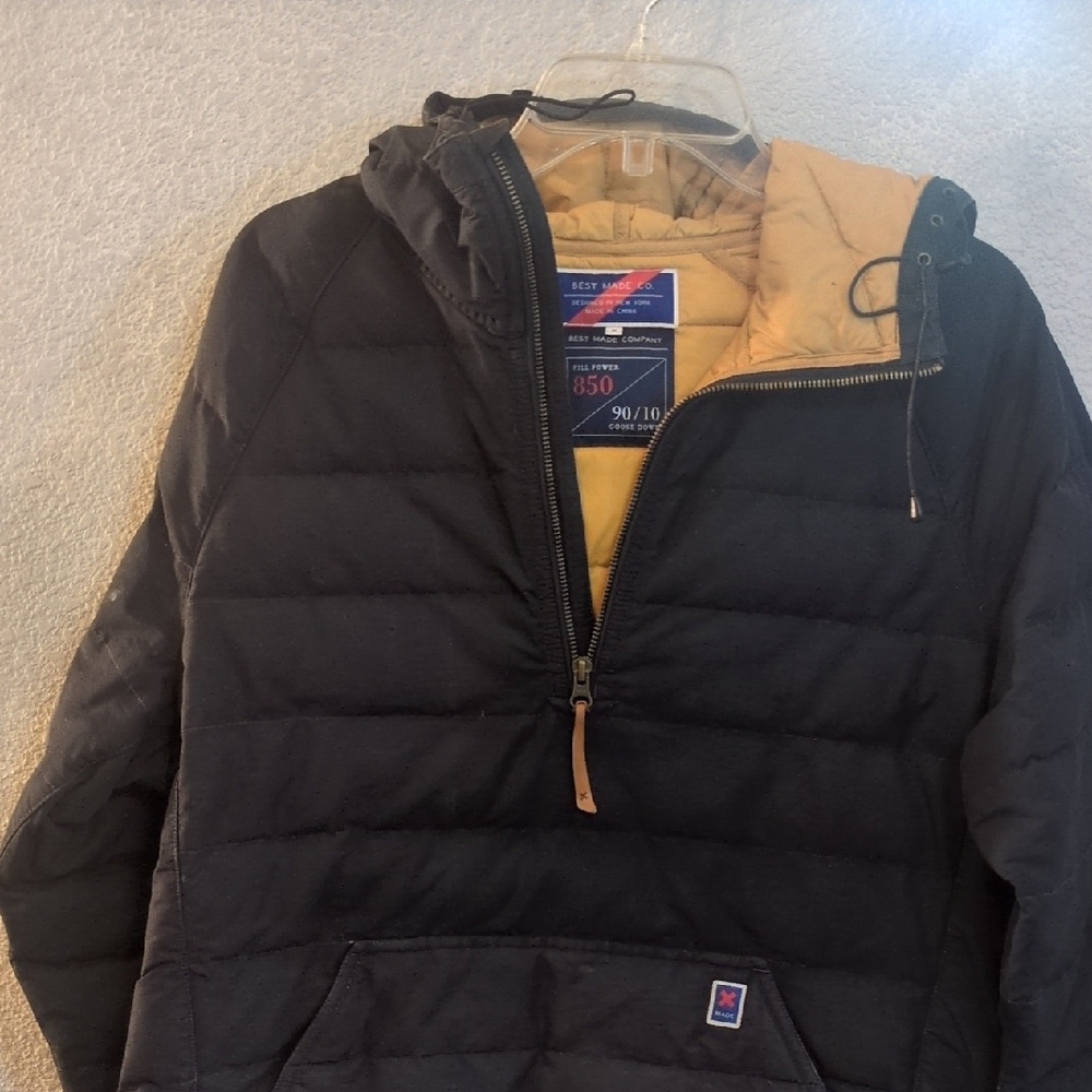 Men's Quilted Hooded Pullover Jacket - Black with Mustard Lining